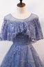 Blue Scoop Neckline Tulle Long Formal Prom Dresses, Shiny A-Line Formal Evening Dresses