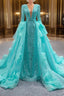 Blue Sequins Long Sleeve Pearls Formal Prom Dresses With Detachable Train
