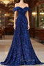 Blue Sequins Off the Shoulder Formal Prom Dresses