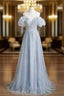 Blue Sequins Scoop Neck Backless Formal Prom Dresses