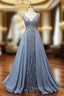 Blue Sequins V-neck Beading Formal Prom Dresses