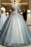 Blue Shiny Tulle Long Formal Prom Dresses with Sequins, A-Line Short Sleeve Party Dresses