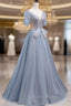 Blue Short Sleeve Tulle Floor Length Formal Prom Dresses with Beaded, Blue A-Line Evening Dresses