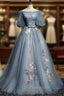 Blue Short Sleeves Long Tulle with Flower Applique Party Dresses, Blue Sweet 16 Dresses