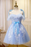 Blue Spaghetti Strap Lace Short Formal Prom Dresses, Lovely A-Line Homecoming Dresses