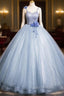 Blue Spaghetti Strap Tulle Floor Length Formal Prom Dresses, Pretty A-Line Evening Party Dresses