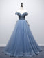 Blue Sweetheart Neck Beads Long Formal Prom Dresses, Blue Tulle Formal Dresses With Beading Sequin