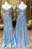 Blue Sweetheart Neck Lace Long Formal Prom Dresses, Blue Lace Graduation Dresses