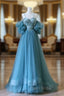 Blue Sweetheart Off Shoulder Long Party Dresses, Blue Tulle Formal Prom Dresses
