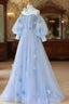Blue Sweetheart Tulle 3D Flower Long Formal Prom Dresses, Blue Evening Dresses