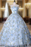 Blue Tulle 3 D Applique Long Formal Prom Dresses, Blue Formal Dresses