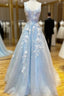 Blue Tulle 3D Appliques V-neck Formal Prom Dresses