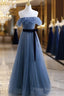 Blue Tulle A-Line Off Shoulder Long Party Dresses, Blue Scoop Formal Prom Dresses Formal Dresses