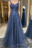 Blue Tulle Applique Long Formal Dresses Formal Prom Dresses