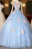 Blue Tulle Appliques Cap Sleeve Quinceanera Dresses