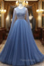 Blue Tulle Backless Beading Formal Prom Dresses