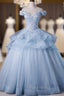 Blue Tulle Ball Gown Off Shoulder Layers Sweet 16 Dresses, Blue Formal Dresses with Lace