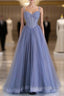 Blue Tulle Beaded Long Formal Prom Dresses, Beautiful Spaghetti Strap A-Line Evening Party Dresses