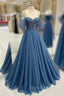 Blue Tulle Beading Spaghetti Straps Formal Prom Dresses