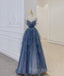 Blue Tulle Beads Long Ball Gown Dresses Blue Formal Dresses