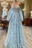 Blue Tulle Butterfly Long Sleeve Formal Prom Dresses