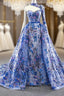 Blue Tulle Embroidery High Neck Long Sleeve Backless Formal Prom Dresses