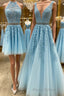 Blue tulle lace A line Formal Prom dress blue lace tulle formal dress