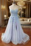 Blue Tulle Lace Long Formal Prom Dresses, Blue Strapless Evening Dresses with Slit