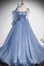 Blue Tulle Long A-Line Formal Prom Dresses, Blue Spaghetti Straps Party Dresses with Bow