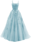 Blue Tulle Long A Line Formal Prom Dresses Lace Formal Evening Dresses