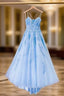 Blue Tulle Long Backless A Line Formal Prom Dresses Evening Dresses