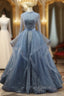 Blue Tulle Long Sleeve Backless Beading Formal Prom Dresses