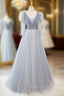 Blue Tulle Long Sleeve V-neck Beading Formal Prom Dresses