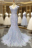 Blue Tulle Mermaid Deep V-neck Backless Formal Prom Dresses With Beading