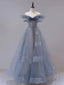 Blue Tulle Off Shoulder Long Formal Prom Dresses, Blue Tulle Formal Dresses