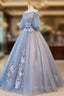 Blue Tulle Off Shoulder with Lace Floral Long Party Dresses, Cute Party Dresses Formal Prom Dresses