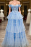 Blue Tulle Off the Shoulder Appliques Tiers Formal Prom Dresses