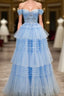 Blue Tulle Off the Shoulder Appliques Tiers Formal Prom Dresses