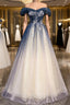 Blue Tulle Off the Shoulder Beading Pleats Formal Prom Dresses