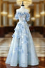 Blue Tulle Off the Shoulder Flower Formal Prom Dresses