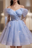 Blue Tulle Off the Shoulder Homecoming Dresses
