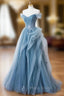 Blue Tulle Off the Shoulder Pleats Formal Prom Dresses