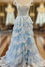 Blue Tulle Off the Shoulder Sequins Appliques Formal Prom Dresses
