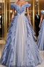 Blue Tulle Pleats Beading Formal Prom Dresses