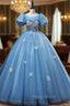 Blue Tulle Puff Sleeve Beading Quinceanera Dresses