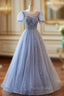 Blue Tulle Puff Sleeve Beading Sequins Formal Prom Dresses
