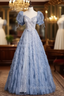 Blue Tulle Puff Sleeve Sequins Beading Formal Prom Dresses