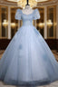 Blue Tulle Puff Sleeve Sequins Beading Quinceanera Dresses