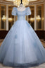 Blue Tulle Puff Sleeve Sequins Beading Quinceanera Dresses