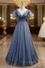 Blue Tulle Puff Sleeve Wave Point Formal Prom Dresses